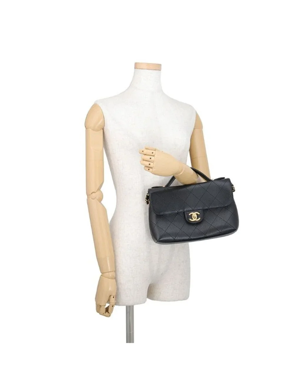 Chanel Shoulder Bag Quilted CC Logo Caviar Leather Black 2-Way